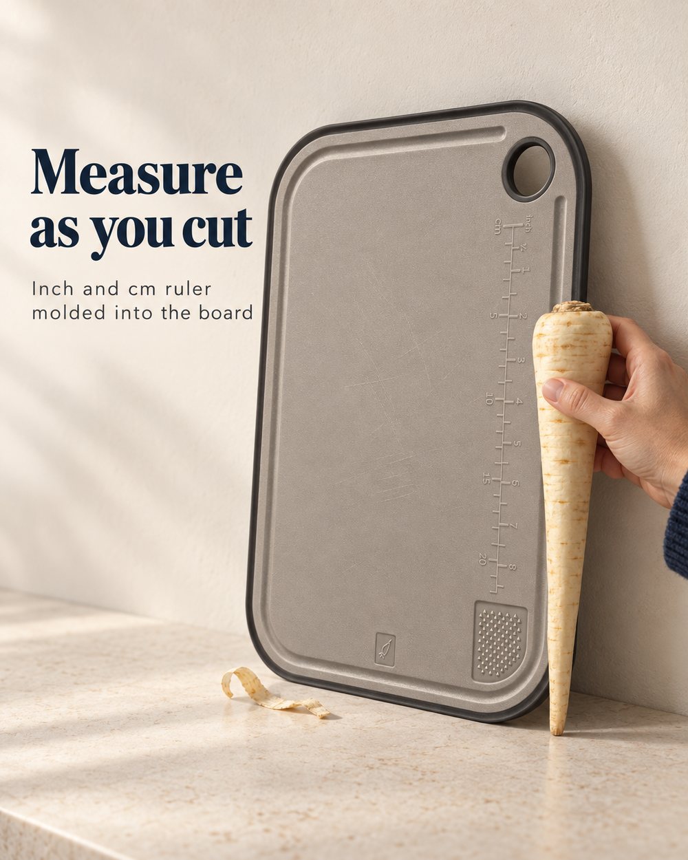 Draft we threw out: a hand holds a parsnip along the board, but the board is drawn taller and narrower than the real one.
