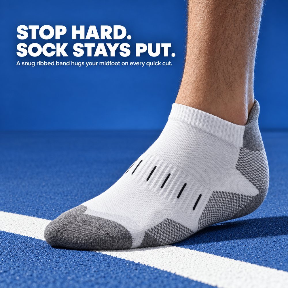 Finished ad of the same sock on a blue tennis court, headline Stop hard. Sock stays put.